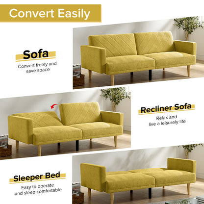 Multi-Functional Futon Sofa Bed :Tapered Wood Legs - Ideal for Small Living Rooms - Multi-Color Fabric Options - Easily Converts to Single Bed, Yellow