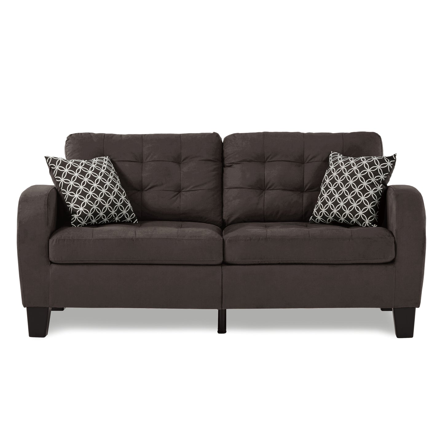 Chocolate Brown Contemporary Sofa 1pc Tufted Detail Textured Fabric Upholstered 2 Pillows Solid Wood Living Room Furniture