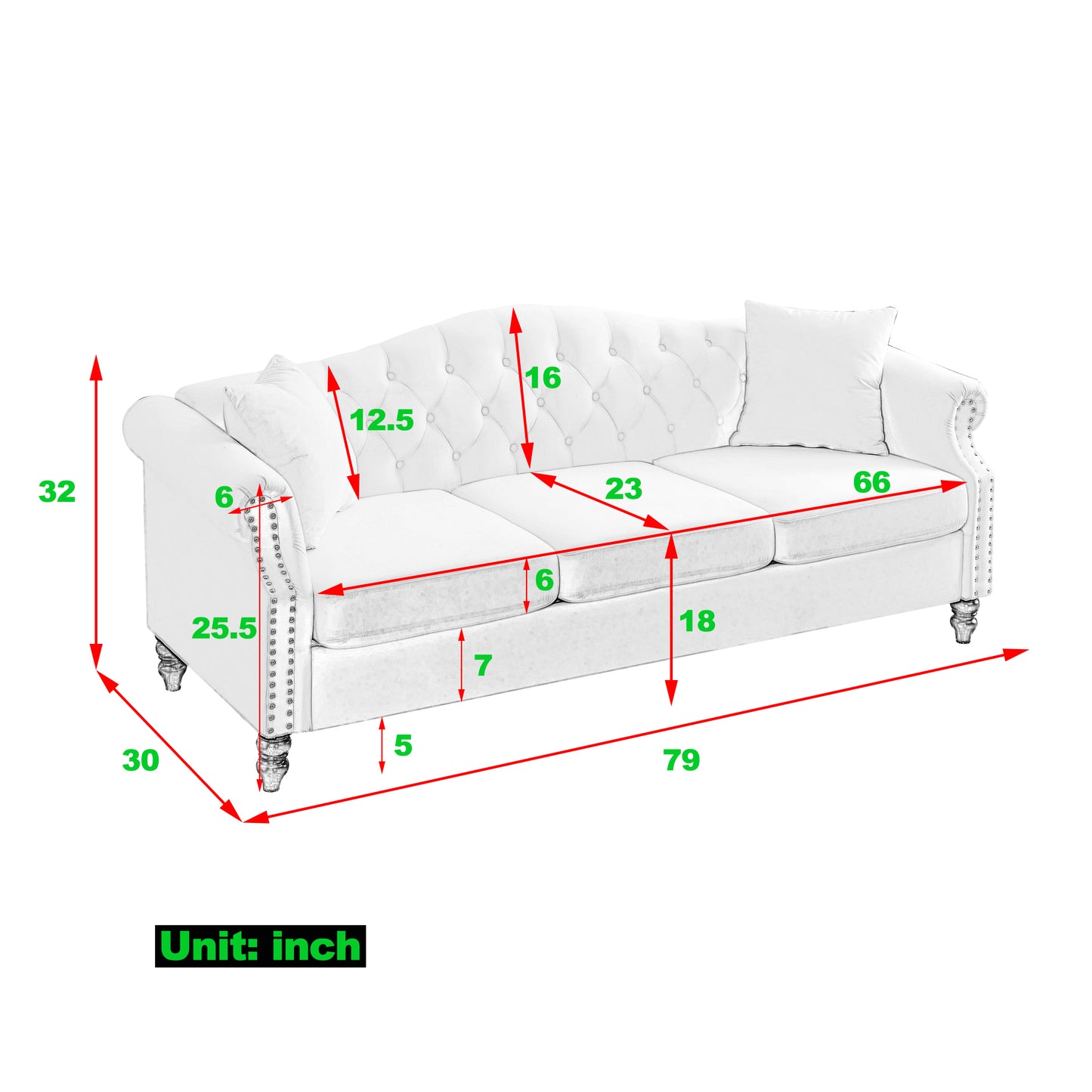 79" Chesterfield Sofa Black Velvet for Living Room, 3 Seater Sofa Tufted Couch with Rolled Arms and Nailhead for Living Room, Bedroom, Office, Apartment, two pillows