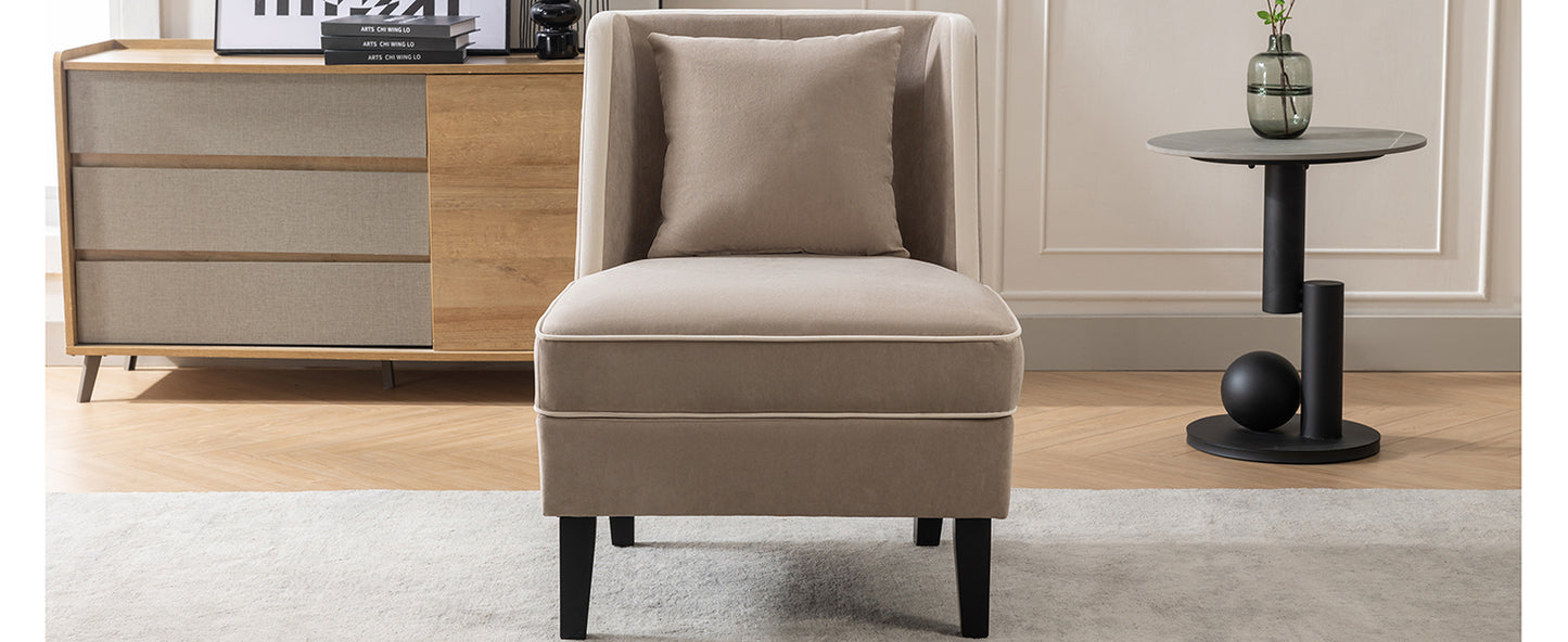 Velvet Upholstered Accent Chair with Cream Piping, Tan and Cream