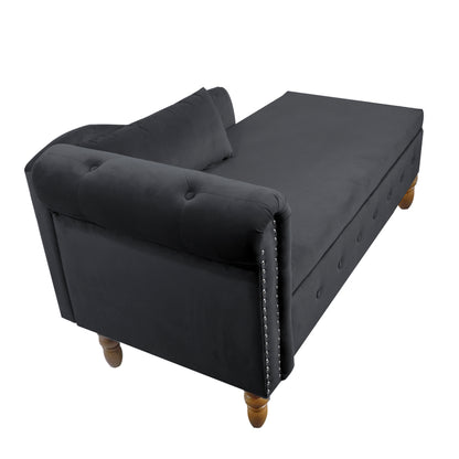 Black Chaise Lounge Indoor,Velvet Lounge Chair for Bedroom with Storage & Pillow,Modern Upholstered Rolled Arm Chase Lounge for Sleeping with Nailhead Trim for Living Room Bedroom Office