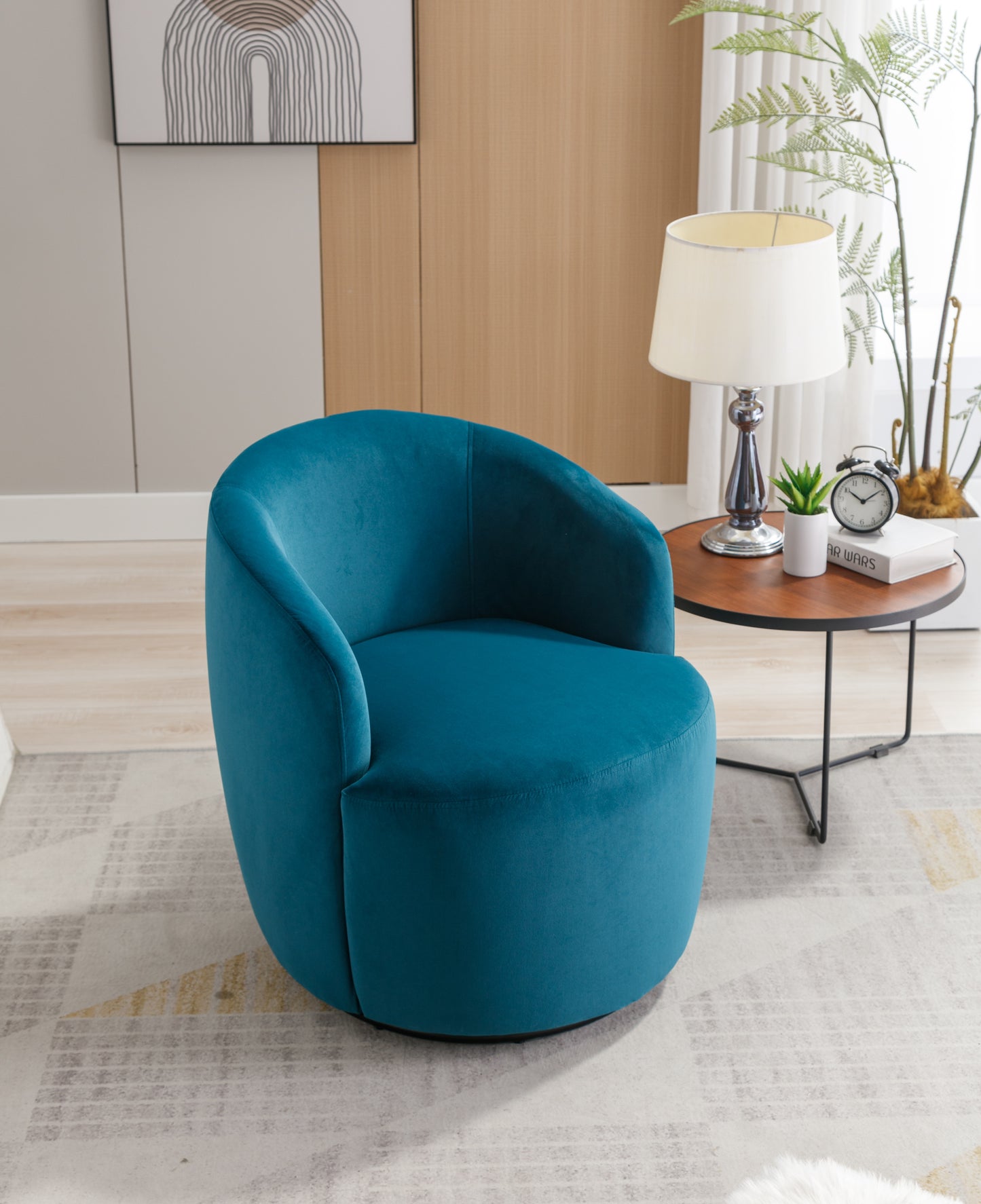 Velvet Fabric Swivel Accent Armchair Barrel Chair With Black Powder Coating Metal Ring,Teal