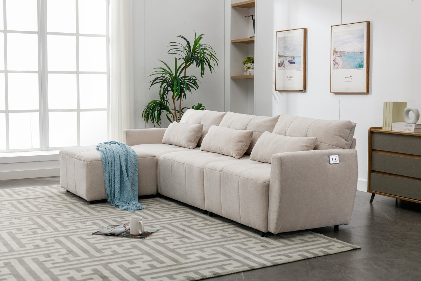 113.3" Convertible Sectional Sofa Couch 3-Seat L-Shaped Sofa with Movable Ottoman and USB for Apartment, Living Room, Bedroom, Beige