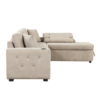 109.8"L-shaped Couch Sectional Sofa with Storage Chaise,Cup Holder and USB Ports for Living Room, Beige