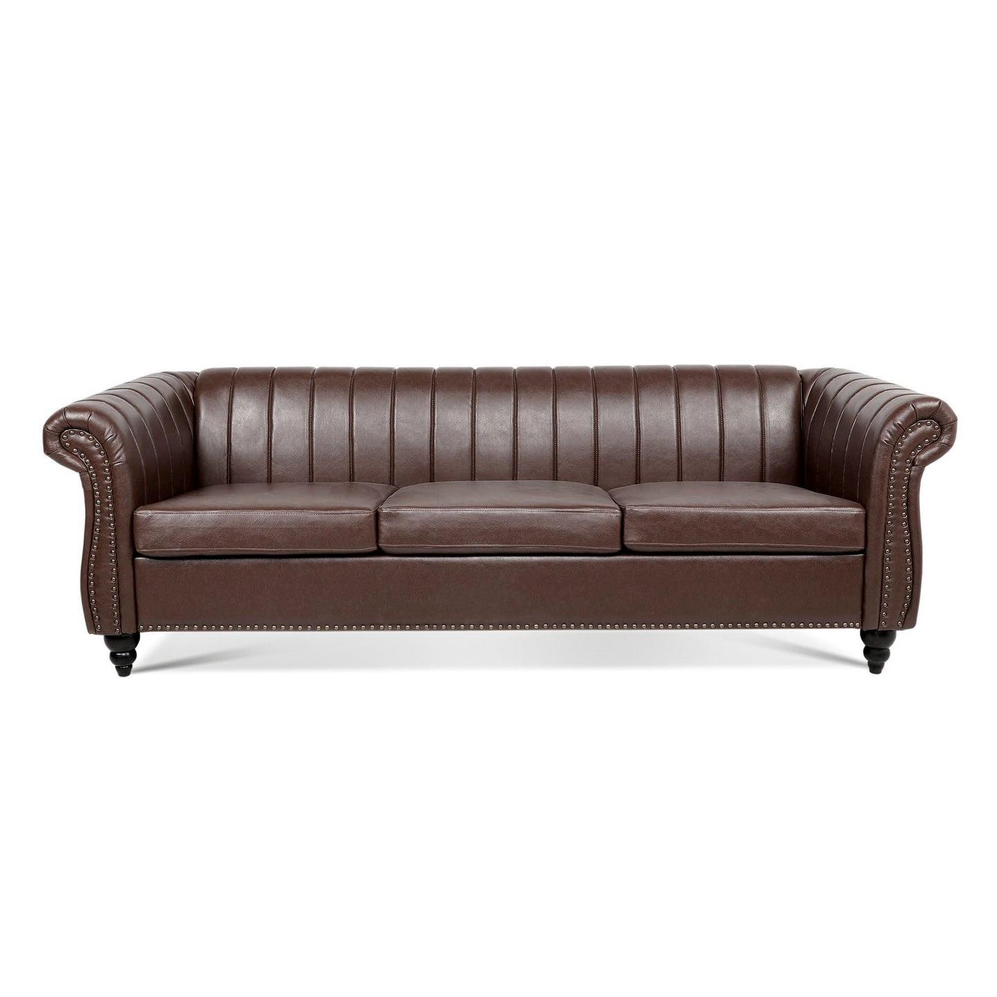 83.46'' Brown PU Rolled Arm Chesterfield Three Seater Sofa.