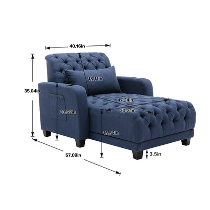 Multifunctional Living Room Leisure Chaise Lounge Barry Tufted Comfy Armchair Wireless Charging, Smooth Reclining Backrest & Lumbar Pillow for Home Apartment (Navy linen)