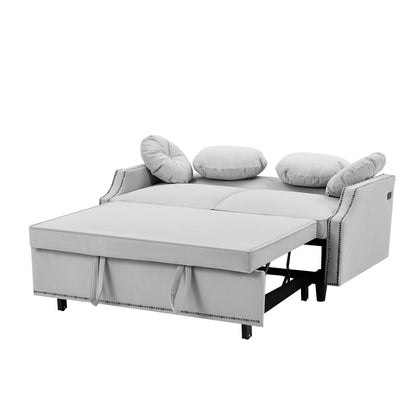 54.7" Multiple Adjustable Positions Sofa Bed Stylish Sofa Bed with a Button Tufted Backrest, Two USB Ports and Four Floral Lumbar Pillows for Living Room, Bedroom,or Small Space, Light Grey