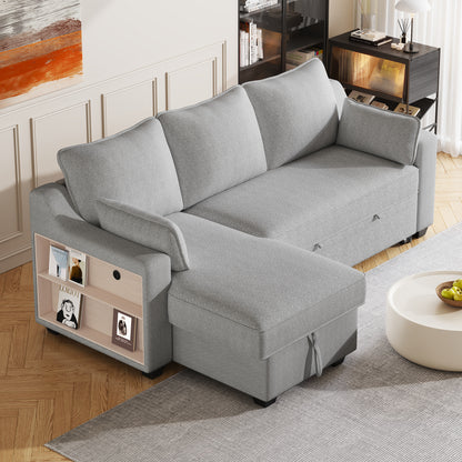 90" Pull Out Sleeper Sofa L-Shaped Couch Convertible Sofa Bed with Storage Chaise, Storage Racks and USB Ports, Light Grey