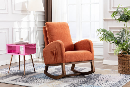 Rocking Chair, Modern Glider Chair, Recliner Armchair with Wood Legs and Side Pocket, Nursery Rocking Accent Chair with High Back for Living Room Bedroom (Orange linen)