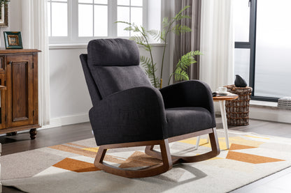 Rocking Chair, Modern Glider Chair, Recliner Armchair with Wood Legs and Side Pocket, Nursery Rocking Accent Chair with High Back for Living Room Bedroom (Black linen)