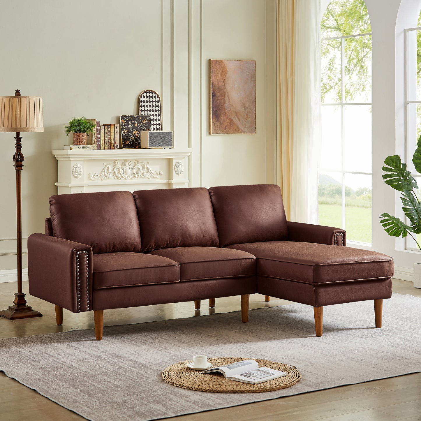 82.2"L-Shape Sofa Couch with Chais Mid-Century Copper Nail on Arms,strong wooden leg and suede fabric design that will complement any living space.Right Chaise,Dark Brown