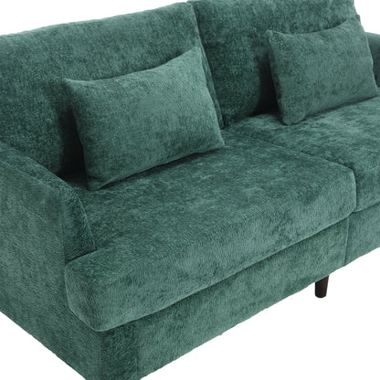 Mid Century Modern chenille Fabric Loveseat sofa, 2-Seat Upholstered Loveseat Sofa Modern Couch for Living Room,Brown wood feet sofa for Bedroom, Reading (Emerald Chenille)