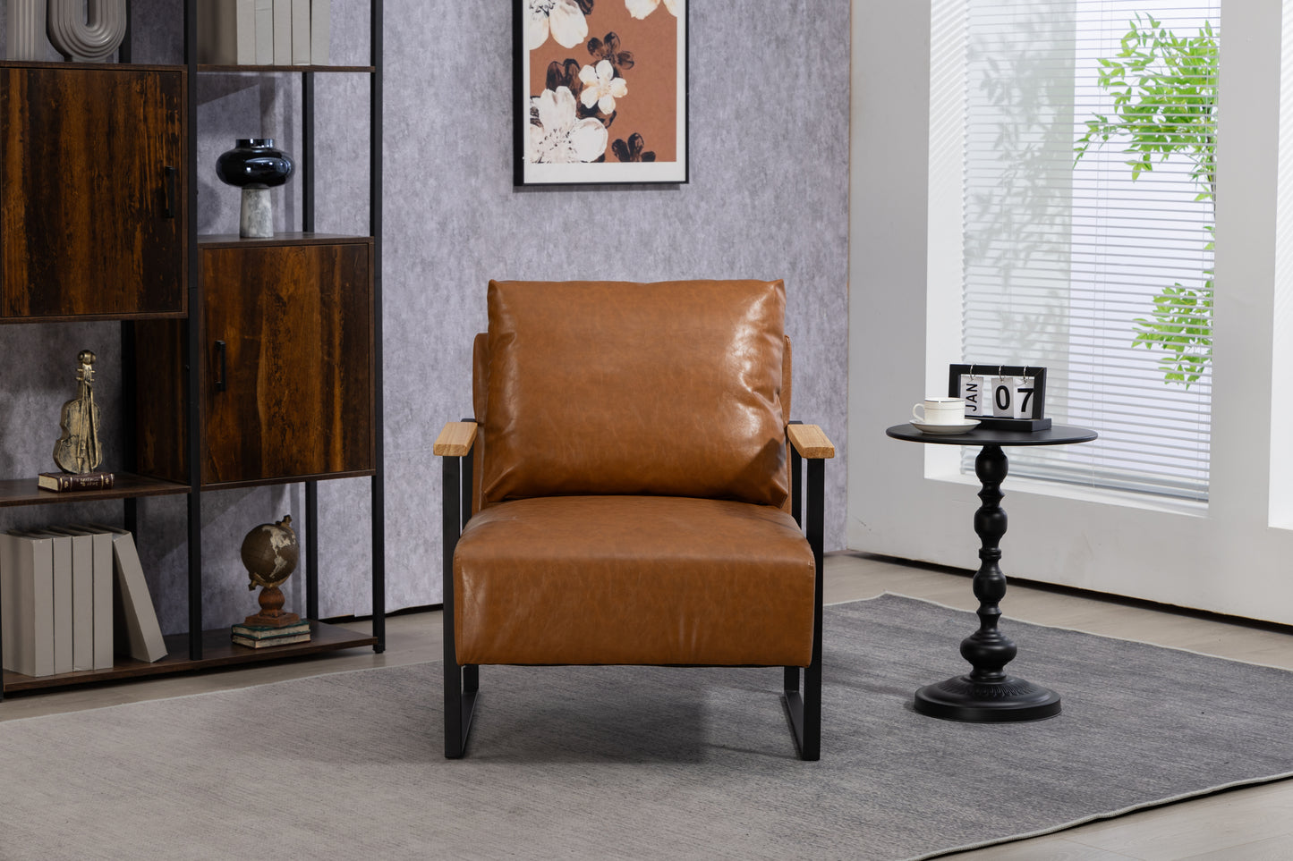 Leather Accent Chair Guest Chair for Living Room, Mid Century Armchair for Bedroom (Brown Leather)