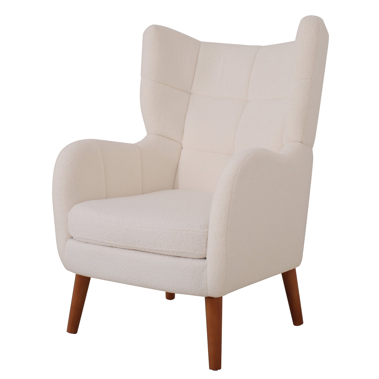 Mid-Century Accent Chair, Ivory White, Modern Retro Club Chair, Birch Frame, Upholstered Teddy Wool Fabric, Single Sofa Armchair for Small Spaces, Living Room, Bedroom, Reading Corner, Balcony,Office