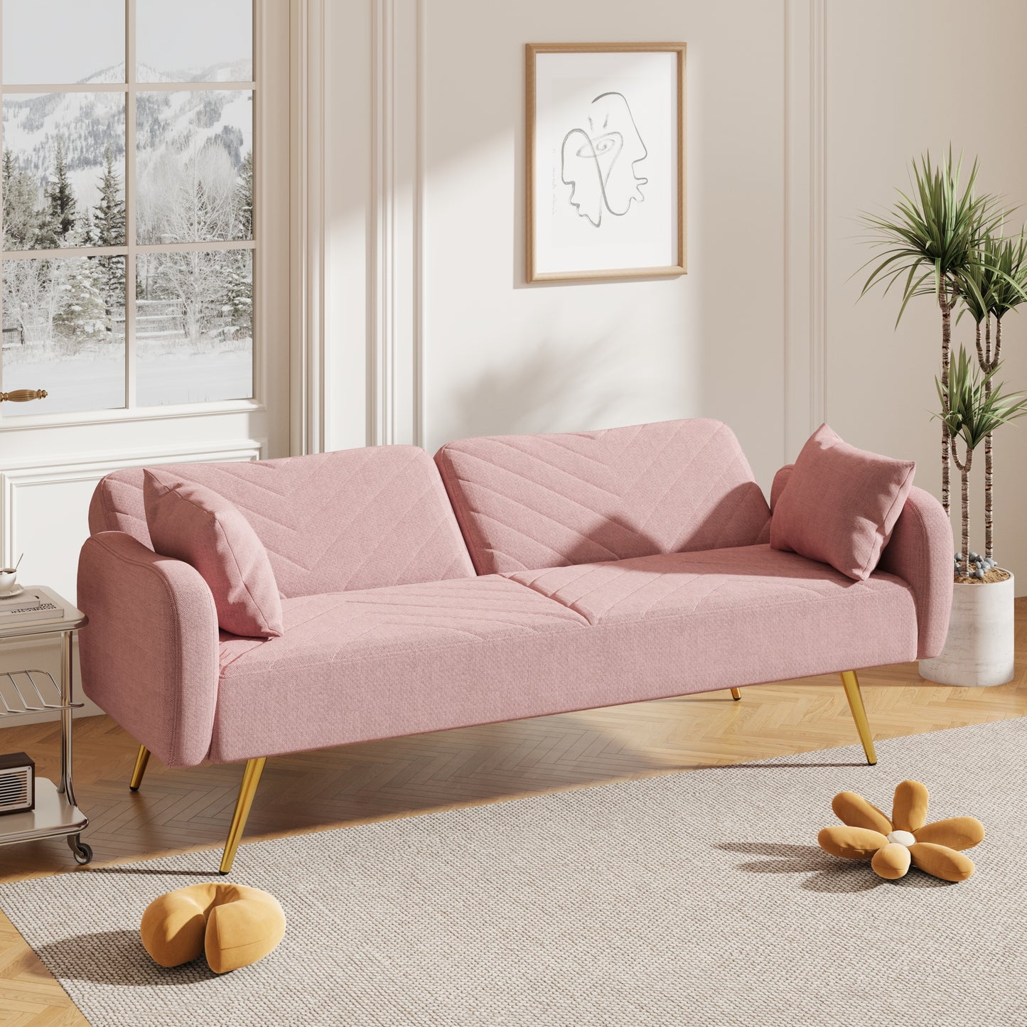 70.47" Pink Fabric Double Sofa with Split Backrest and Two Throw Pillows,Suitable for living room, apartment, home office