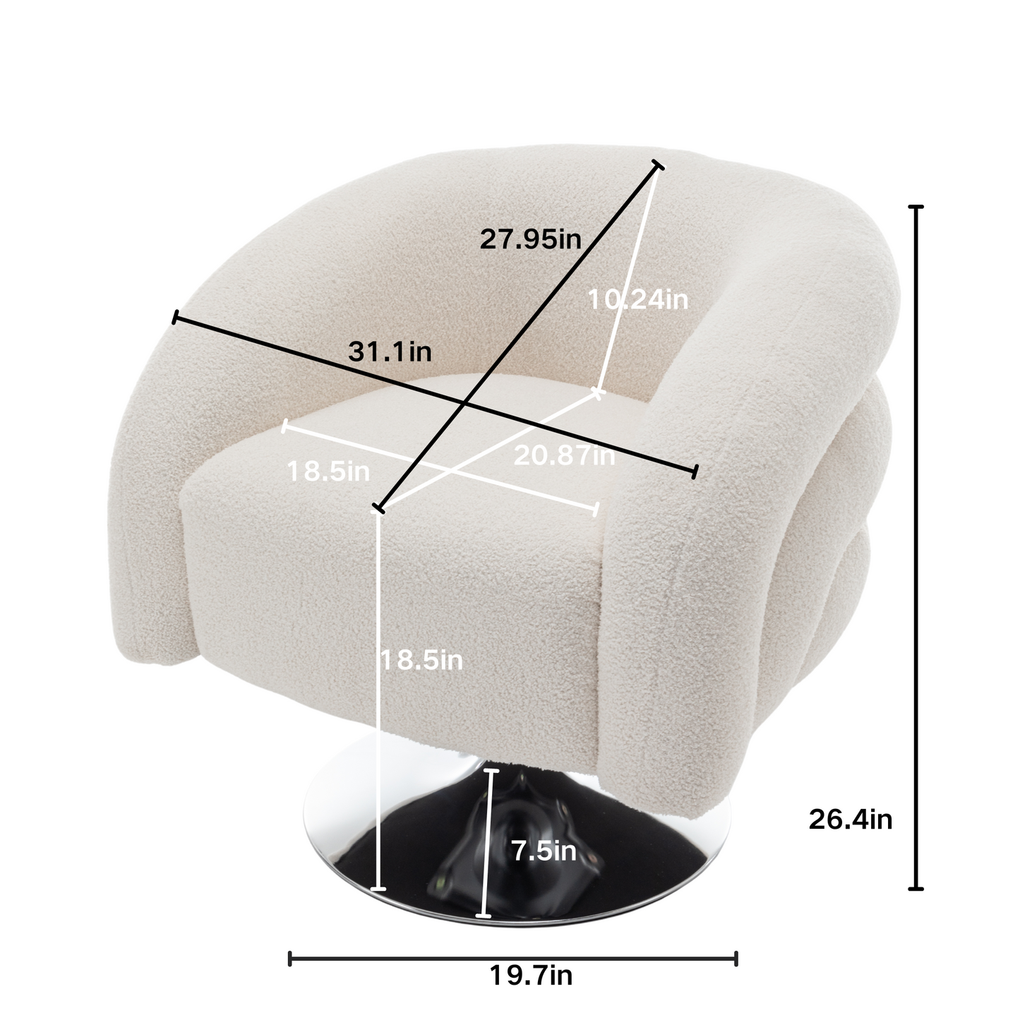 Modern style white single swivel sofa chair, Teddy upholstered single sofa with round and fluffy reading chair, suitable for living room, bedroom, corner.