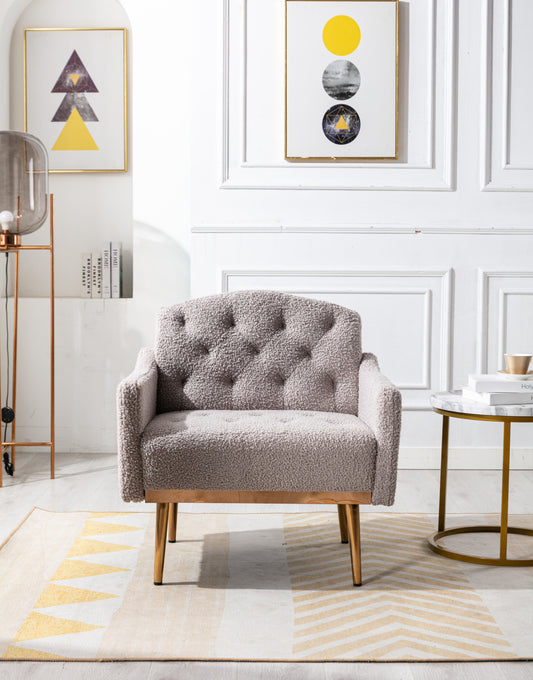 Modern Accent Chair with Arms, Tufted Decorative Fabric Armchair with Gold Metal Legs, Upholstered Reading Chair for Living Room Bedroom Office