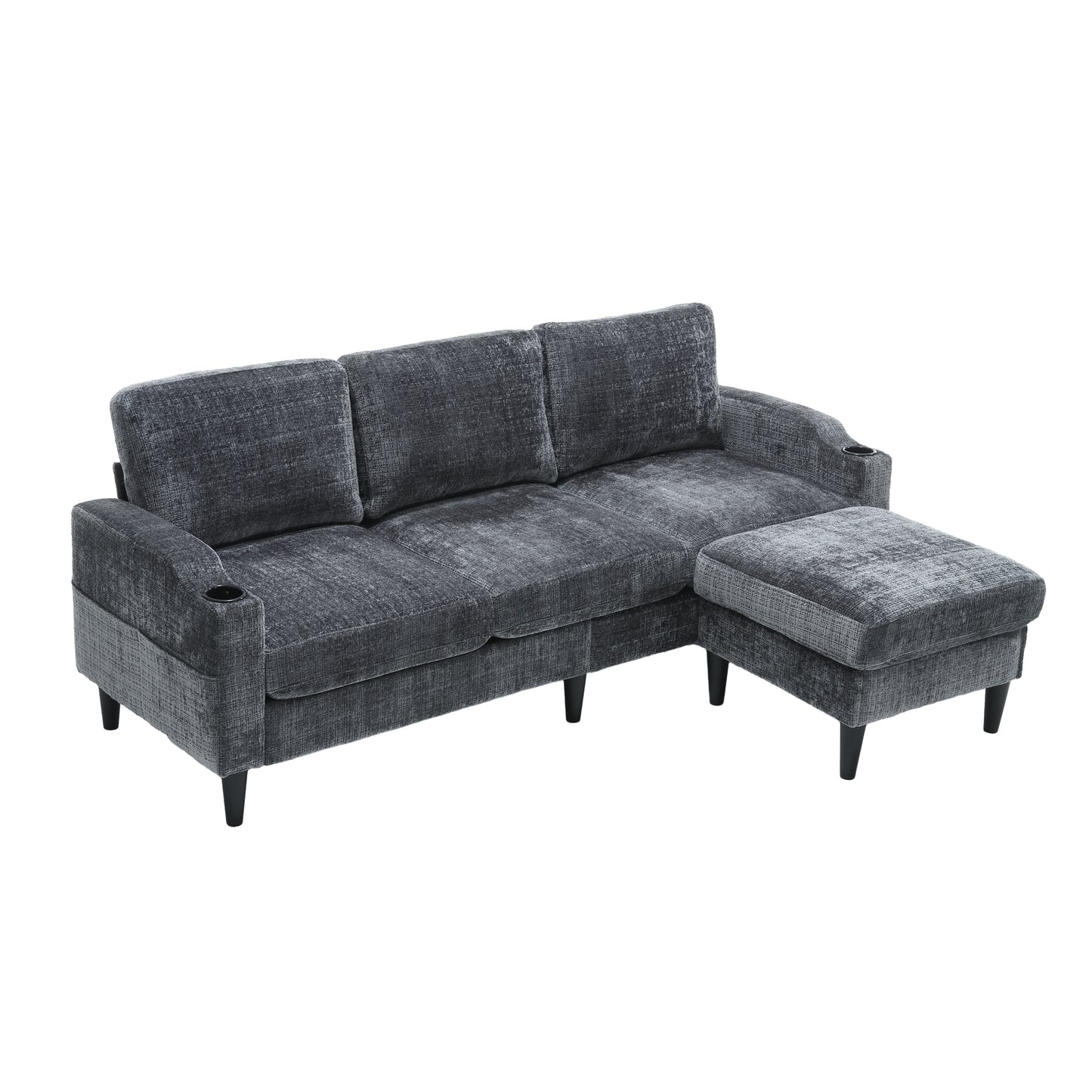 Sofa for three, solid wood frame, Chenille fabric, side pocket, with two cup holders, footstool with storagestorage sofa /Living room sofa cozy sectional sofa