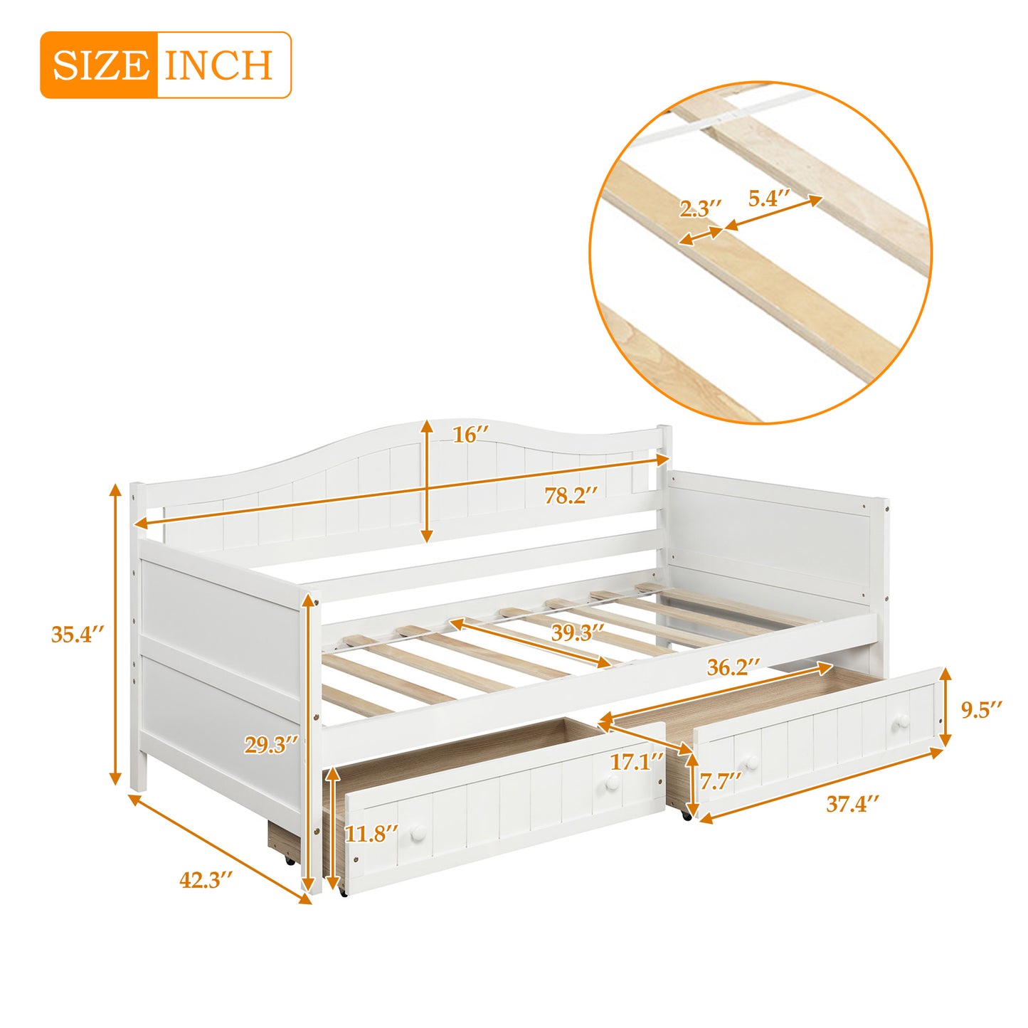 Wooden Daybed with 2 drawers, Sofa Bed for Bedroom Living Room,No Box Spring Needed,White