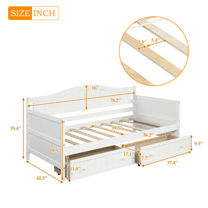 Wooden Daybed with 2 drawers, Sofa Bed for Bedroom Living Room,No Box Spring Needed,White