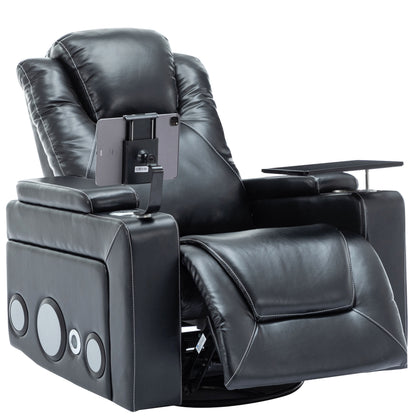 270 Degree Swivel PU Leather Power Recliner Individual Seat Home Theater Recliner with Surround Sound, Cup Holder, Removable Tray Table, Hidden Arm Storage for Living Room, Black