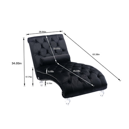 Velvet Chaise Lounge Indoor,Button-Tufted Upholstered Chaise Lounge Chair with Pillow for Bedroom Living Room Office (Black Velvet)