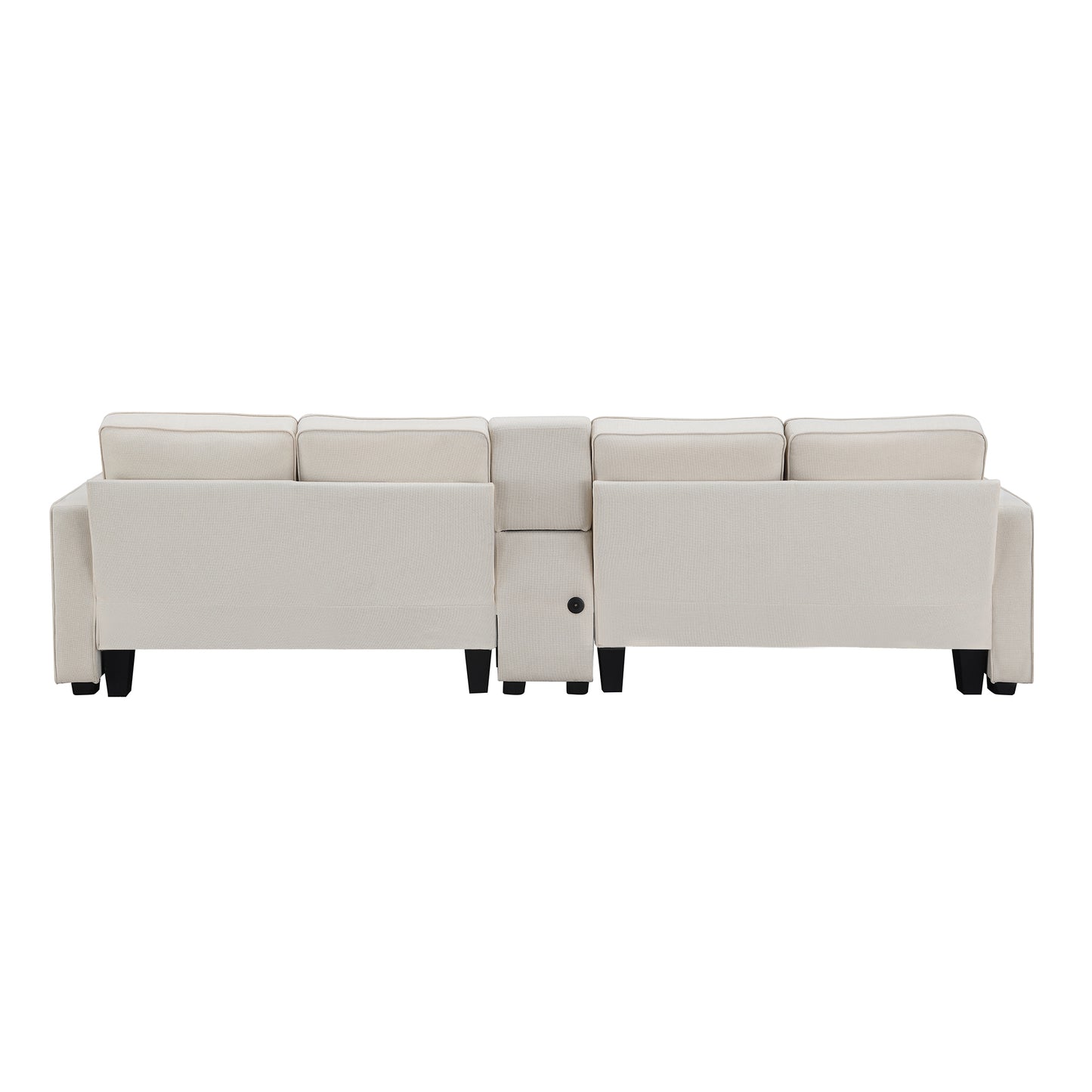 114.2" Upholstered Sofa with Console, 2 Cupholders and 2 USB Ports Wired or Wirelessly Charged, Modern Linen Fabric Couches with 4 Pillows for Living Room, Apartment