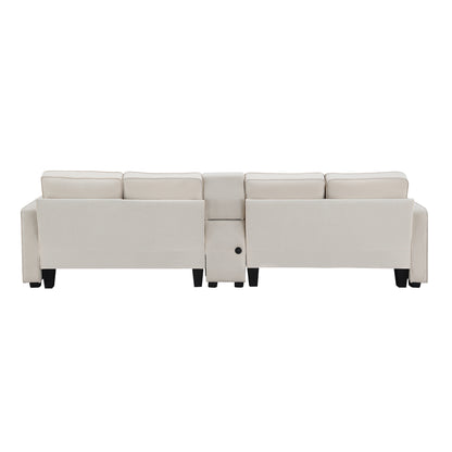 114.2" Upholstered Sofa with Console, 2 Cupholders and 2 USB Ports Wired or Wirelessly Charged, Modern Linen Fabric Couches with 4 Pillows for Living Room, Apartment