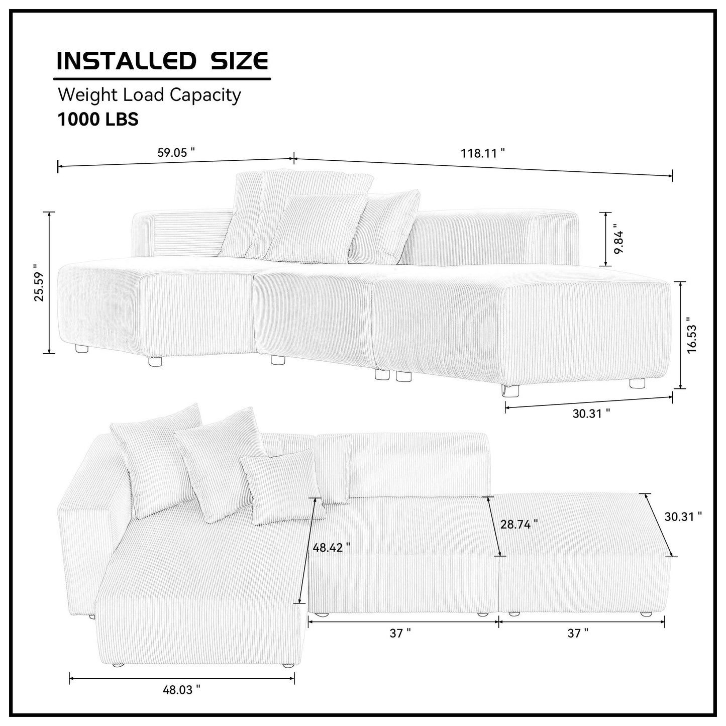 Soft Corduroy Sectional Modular Sofa Set, Small L-Shaped Chaise Couch for Living Room, Apartment, Office, Beige