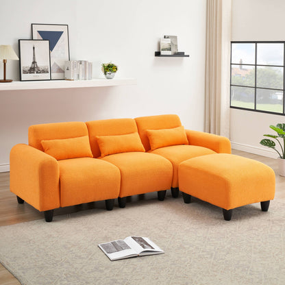 The 84.6-inch orange teddy fleece creative sofa can be assembled into a two-seater sofa with a single couch with three waist pillows to perfectly stretch your waist for small apartment bedroom Spaces