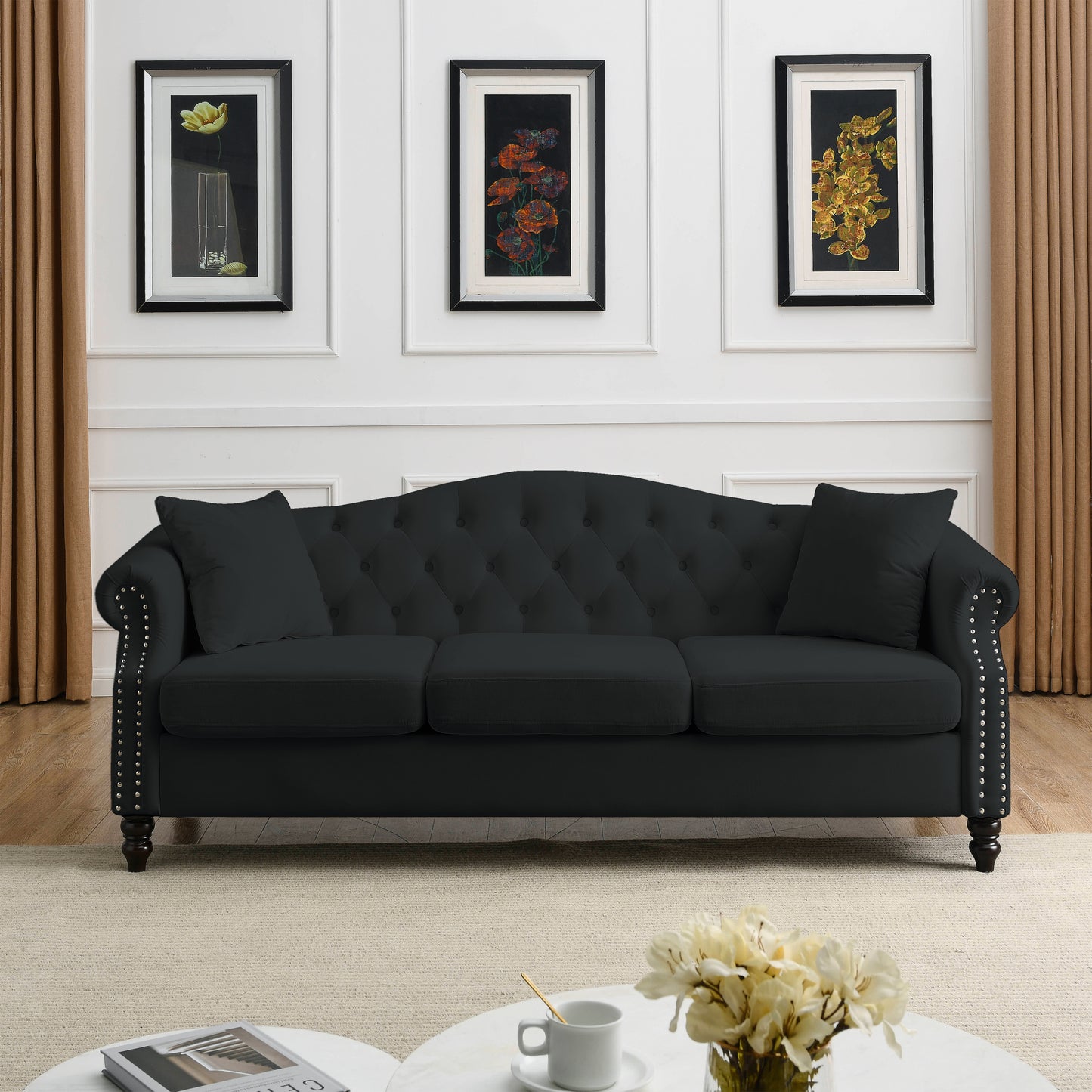 79" Chesterfield Sofa Black Velvet for Living Room, 3 Seater Sofa Tufted Couch with Rolled Arms and Nailhead for Living Room, Bedroom, Office, Apartment, two pillows