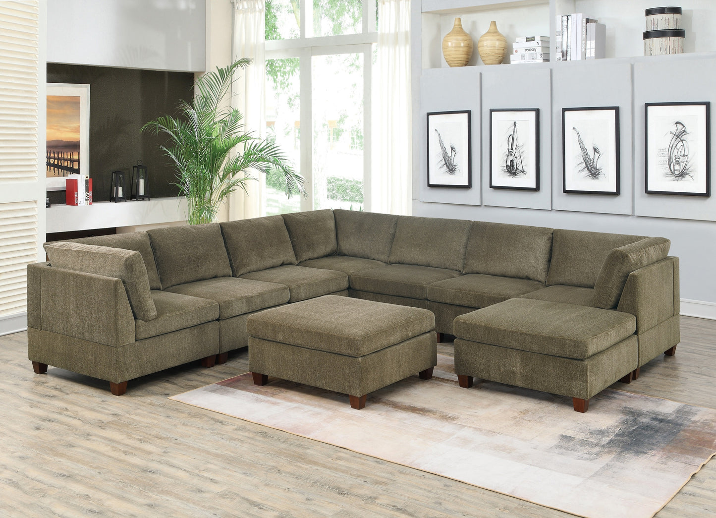 Living Room Furniture Tan Chenille Modular Sectional 9pc Set Corner Sectional Modern Couch 3x Corner Wedge 4x Armless Chairs and 2x Ottoman Plywood