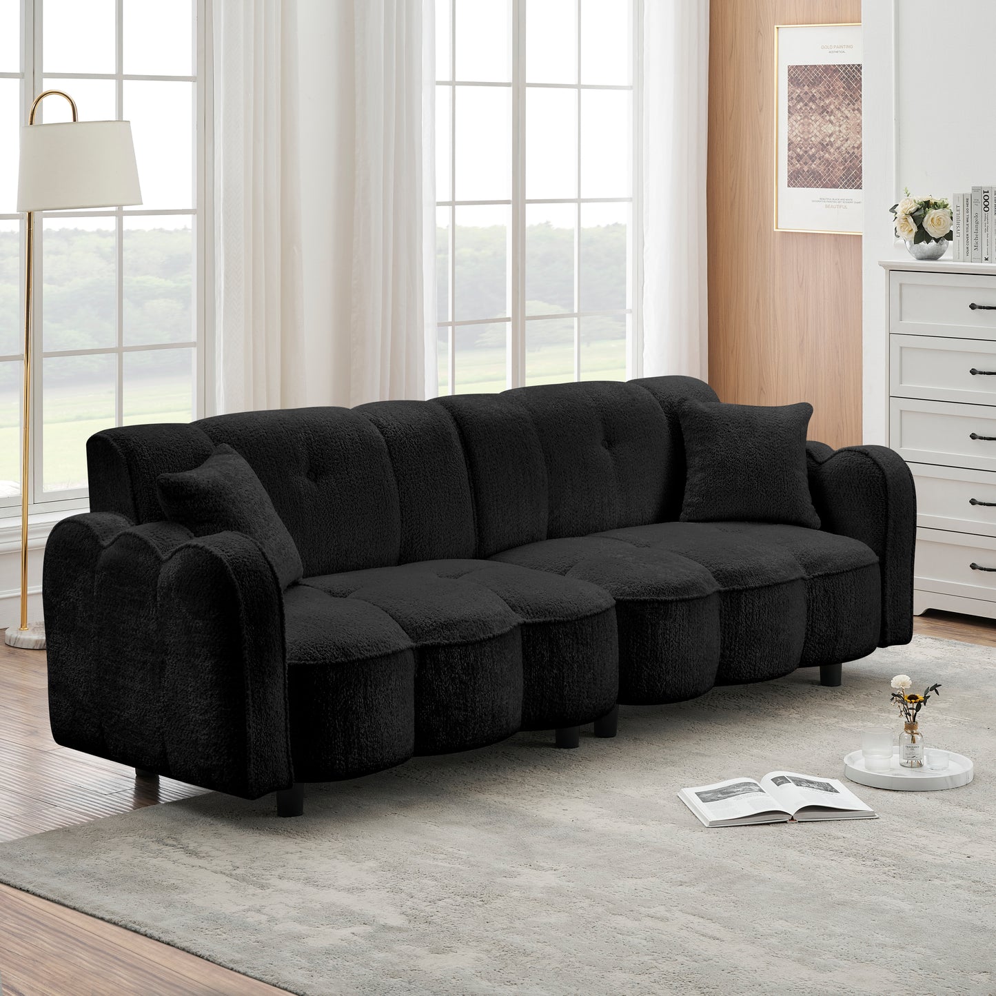 96.06 inch large teddy plush sofa for living room and entertainment space.