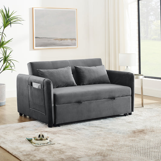 Convertible Sofa Bed, 3-in-1 Versatile Velvet Double Sofa with Pullout Bed, Seat with Adjustable Backrest, Lumbar Pillows, and Living Room Side Pockets, 54 Inch, Grey