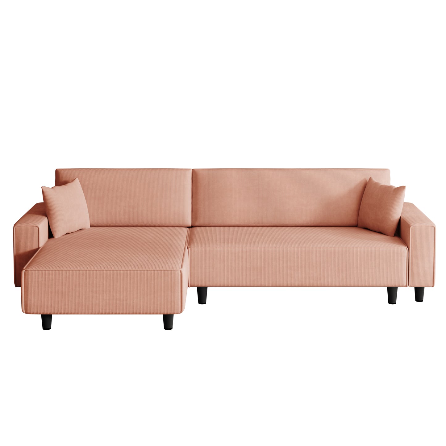 The 93-inch orange corduroy sofa bed comes with two pillows to fit in the living room and the apartment is not overcrowded