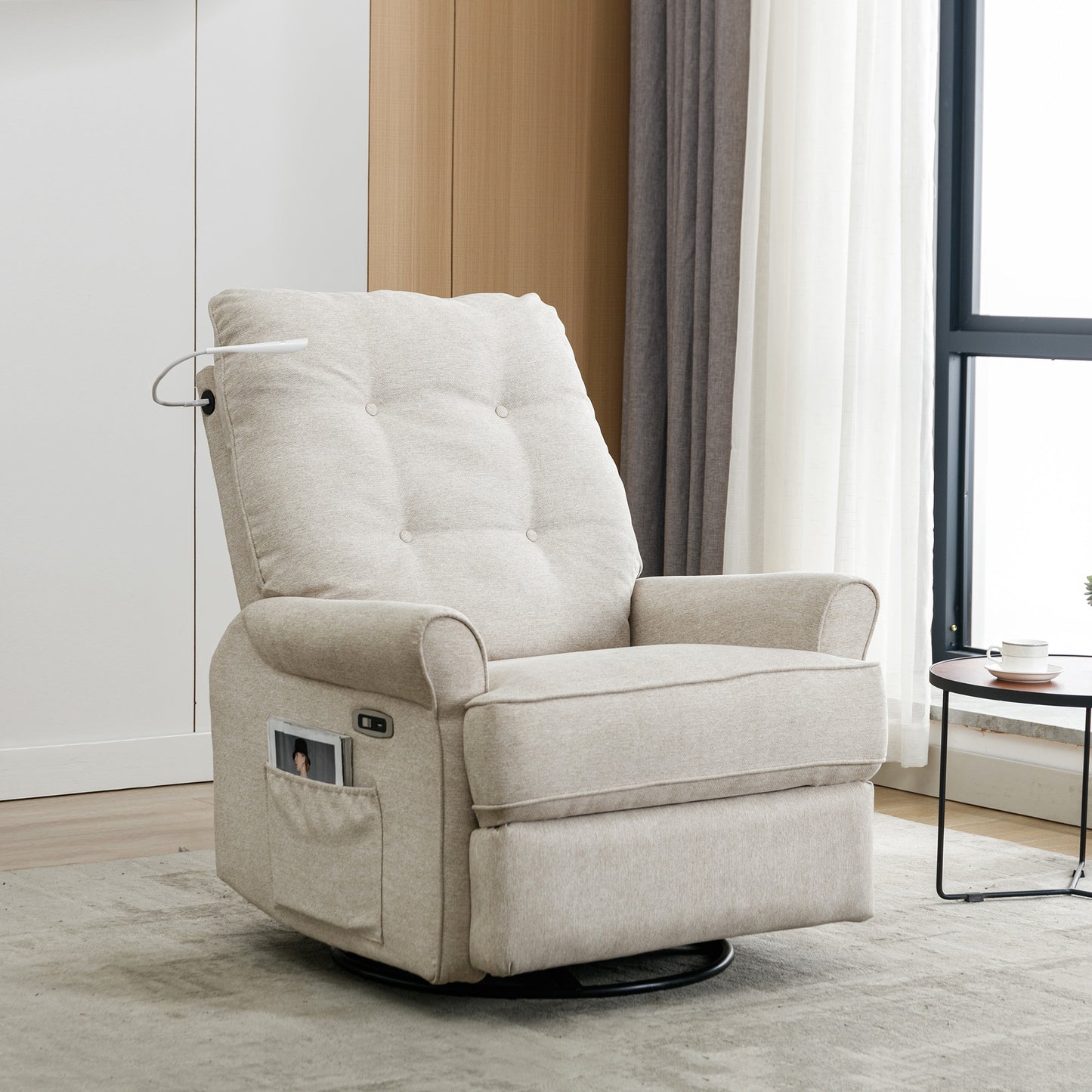 Reclining Chair 270 Degree Swivel Recliner Chairs with USB Port, Side Pocket and Touch Sensitive Lamp for Living Room, Bedroom, Cream