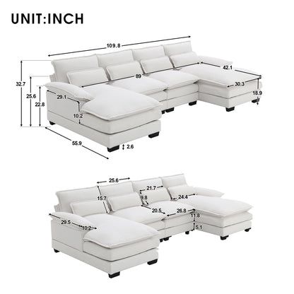 109.8*55.9" Modern U-shaped Sectional Sofa with Waist Pillows,6-seat Upholstered Symmetrical Sofa Furniture,Sleeper Sofa Couch with Chaise Lounge for Living Room,Apartment,5 Color