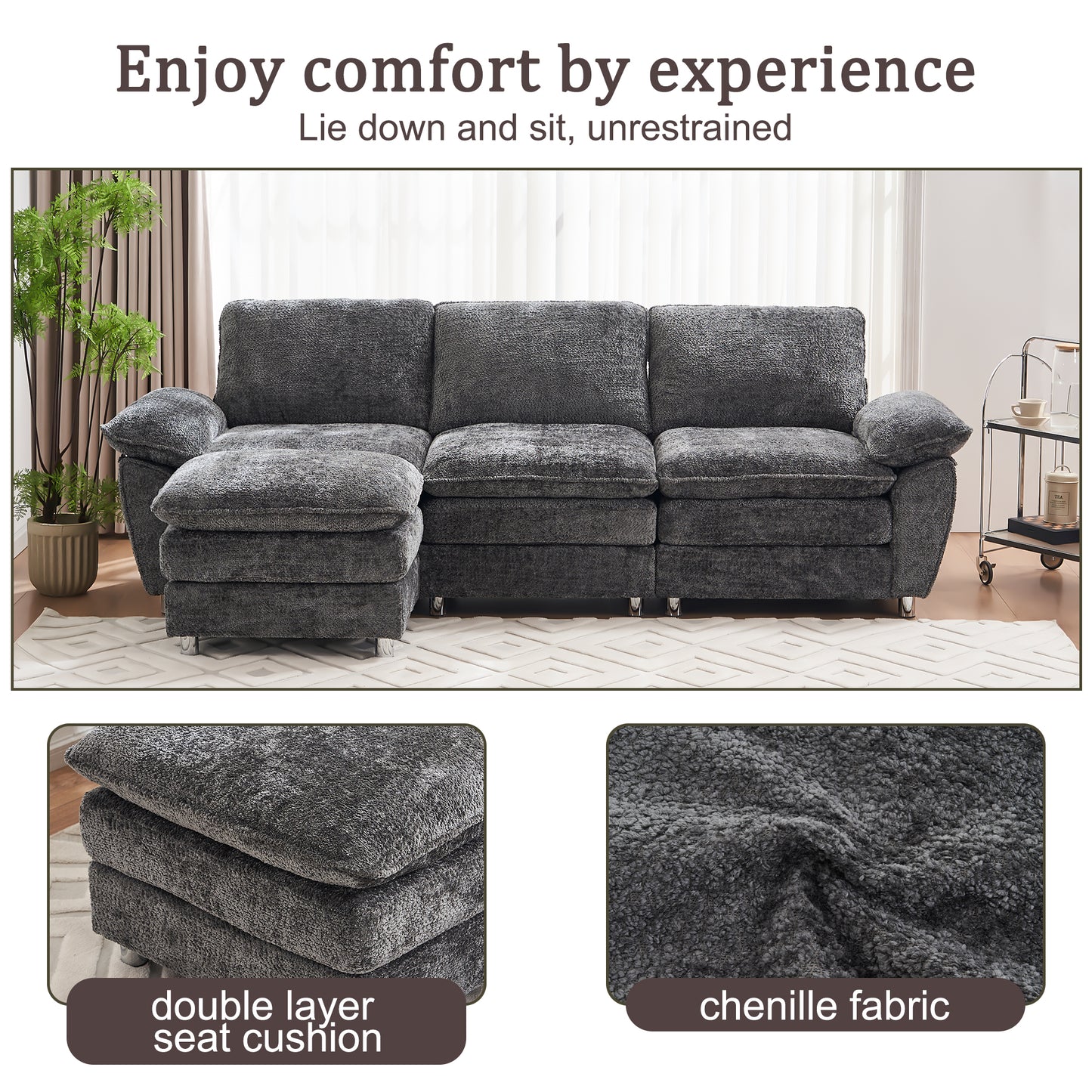 Modern Deep 3-Seat Sofa Couch with Ottoman, Polyester Sofa Sleeper Comfy Upholstered Furniture for Living Room, Apartment, Studio, Office,Dark Grey