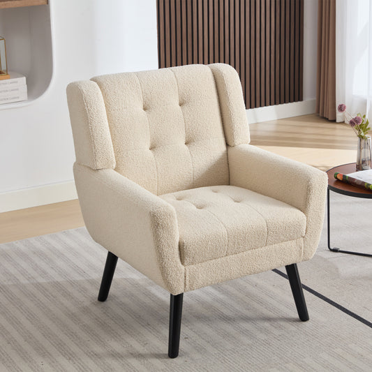 Modern Soft Teddy Material Ergonomics Accent Chair Living Room Chair Bedroom Chair Home Chair With Black Legs For Indoor Home-White Teddy Fabric