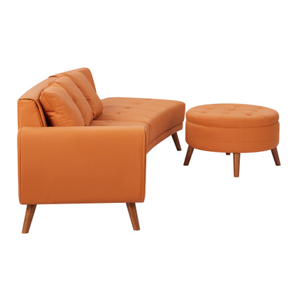 107" Contemporary Sofa Stylish Sofa Couch with a Round Storage Ottoman and Three Removable Pillows for Living Room, Orange