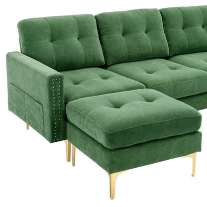 110" L-Shape Convertible Sectional Sofa Couch with Movable Ottoman for Living Room, Apartment, Office, Green