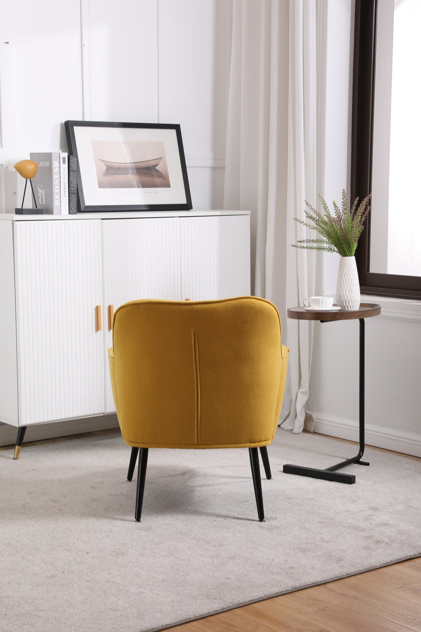 Modern Mid Century Chair Linen Sherpa Armchair for Living Room Bedroom Office Easy Assemble(Yellow)