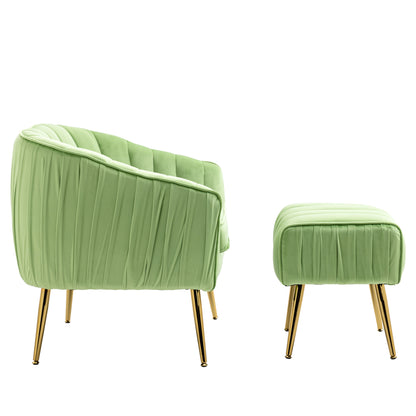 Velvet Accent Chair with Ottoman, Modern Tufted Barrel Chair Ottoman Set for Living Room Bedroom, Golden Finished, Grass Green