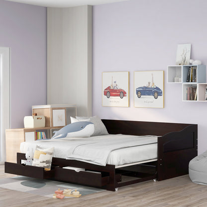 Wooden Daybed with Trundle Bed and Two Storage Drawers, Extendable Bed Daybed,Sofa Bed with Two Drawers, Espresso