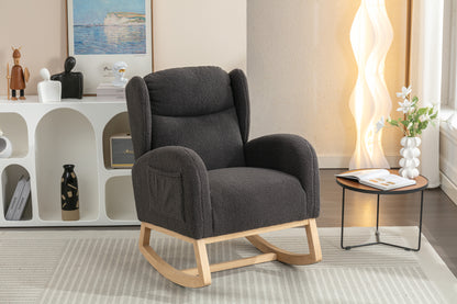 049-Teddy Fabric Rocking Chair With Packet Wood Legs,Dark Gray