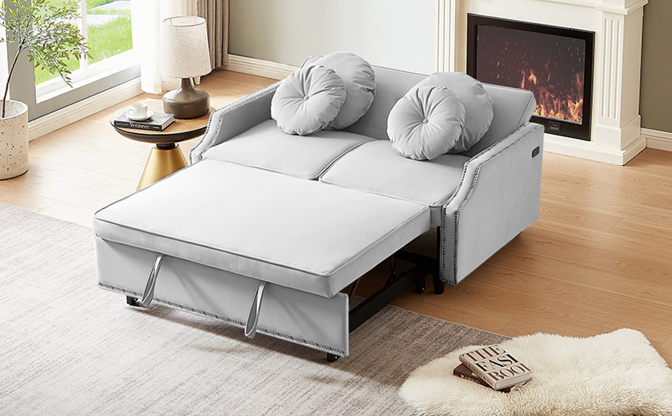 54.7" Multiple Adjustable Positions Sofa Bed Stylish Sofa Bed with a Button Tufted Backrest, Two USB Ports and Four Floral Lumbar Pillows for Living Room, Bedroom,or Small Space, Light Grey