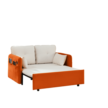 53" Modern Convertible Sofa Bed w/2 Removable Armrests w/USB Power Port, Velvet Recliner Adjustable Sofa w/Head Pull-Out Bed, 2 Pillows, For Living Room Apartment etc., White-Orange