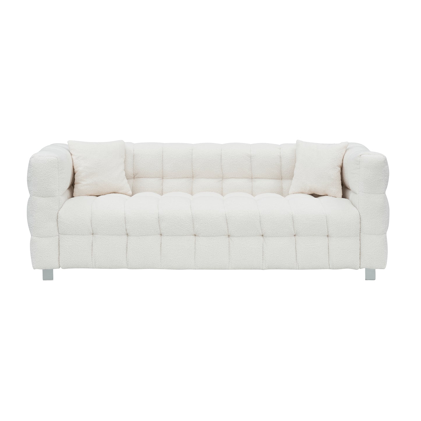 Beige White and teddy plush sofa 80 inch discharge in living room bedroom with two throw pillows hardware foot support