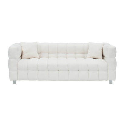 Beige White and teddy plush sofa 80 inch discharge in living room bedroom with two throw pillows hardware foot support