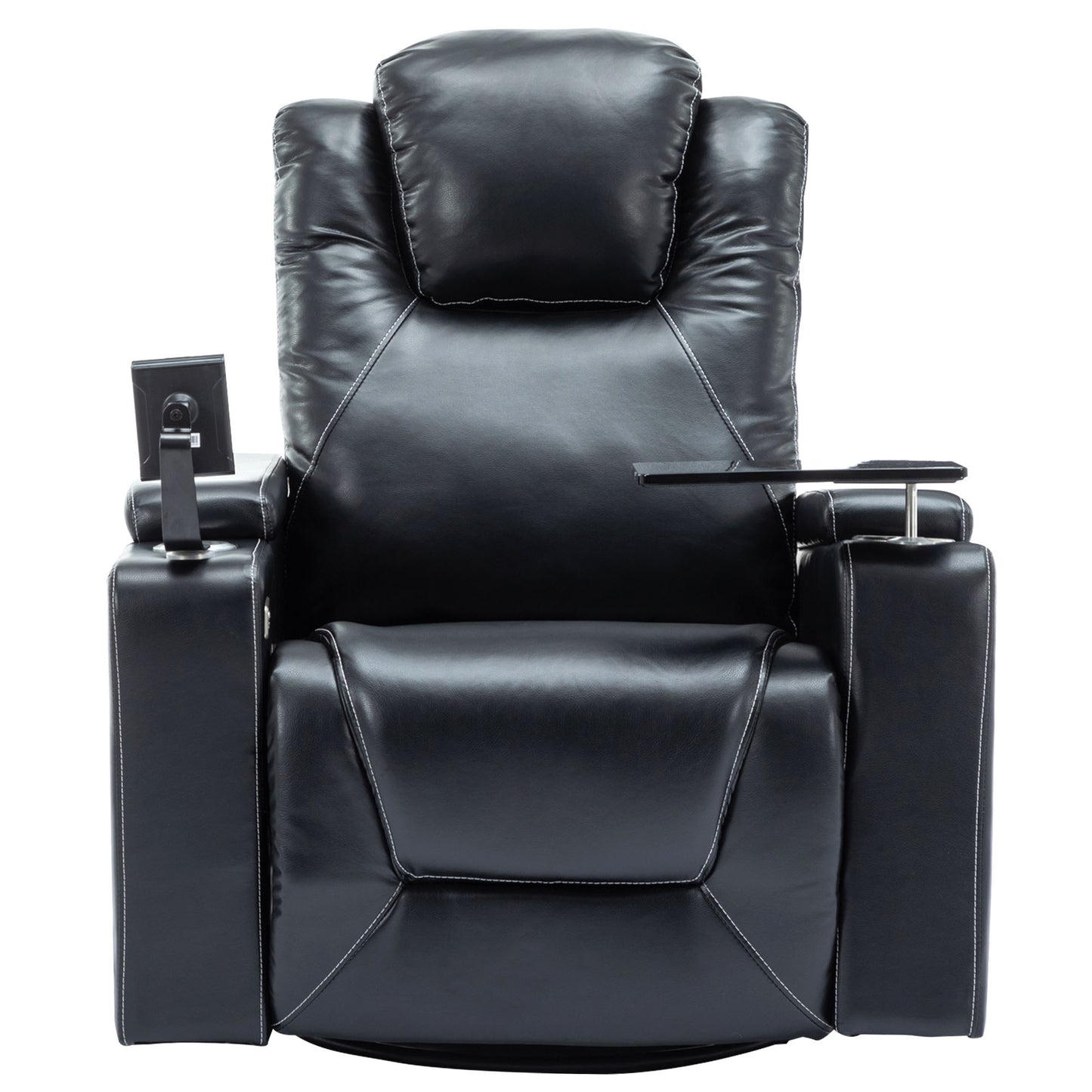 270 Degree Swivel PU Leather Power Recliner Individual Seat Home Theater Recliner with Surround Sound, Cup Holder, Removable Tray Table, Hidden Arm Storage for Living Room, Black